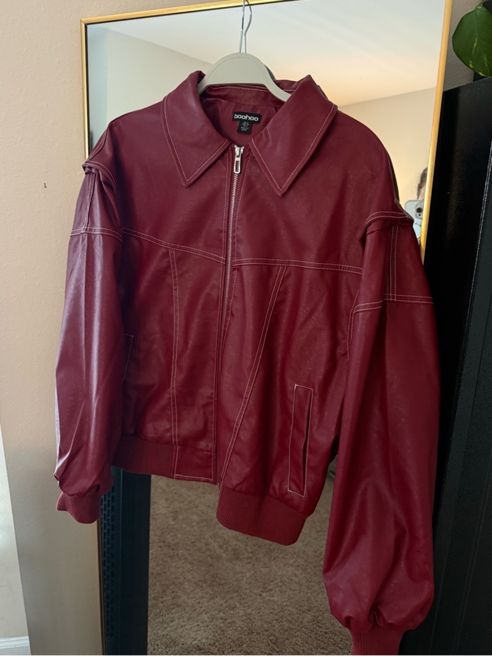 Boohoo Burgundy Faux Leather Bomber Jacket